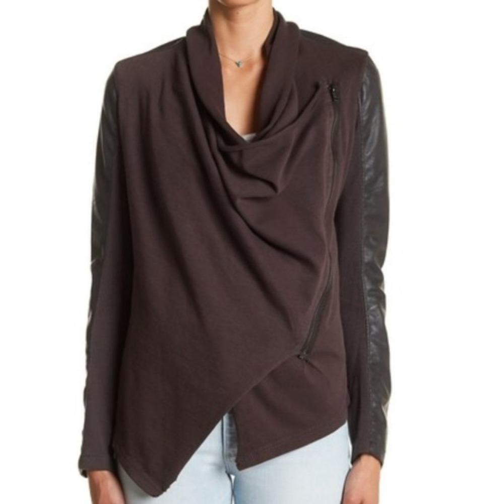 BLANKNYC Women's Medium Brown Wrap Jacket Mixed Media Draped Faux Leather